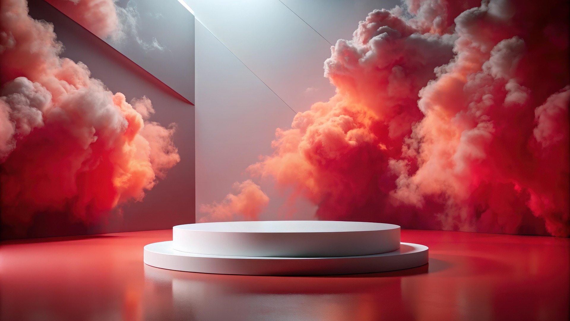 Empty podium with dramatic clouds behind it.